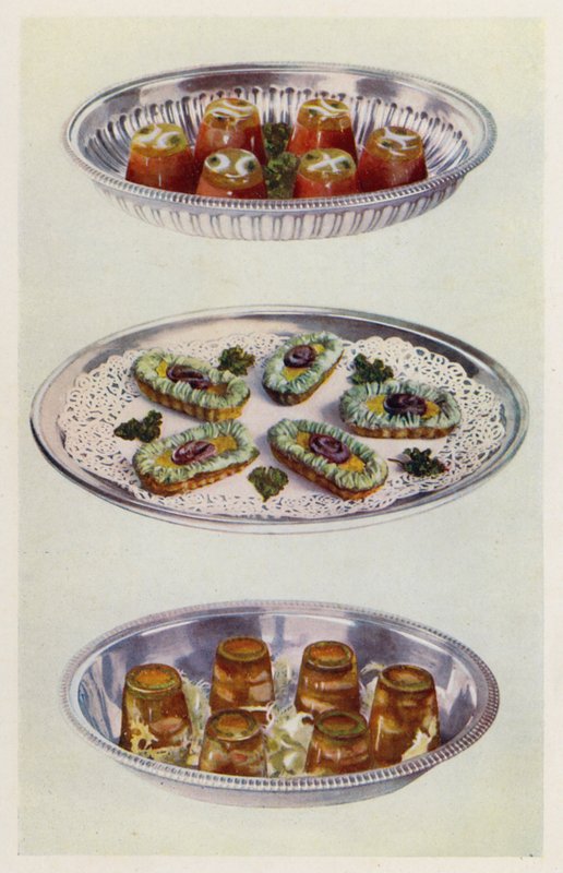 Paradicsomkrémek; Szardellagondolák; Garnélarák aszpikban (színes litográfia) alkotó: English School