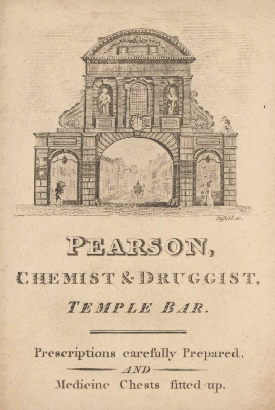 Kereskedelmi kártya Pearson vegyész és gyógyszerész számára, Temple Bar, London (metszet) alkotó: English School