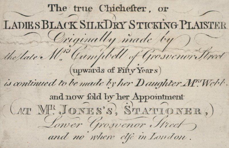 Kereskedelmi kártya, az igazi Chichester vagy Ladies Black Silk Dry Sticking Plaister alkotó: English School