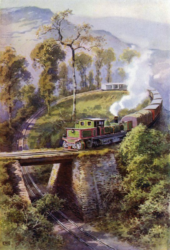 Vonat az Agony Point körül, egy hurok a Darjeeling Himalája vasúton, India (színes litho) alkotó: English School