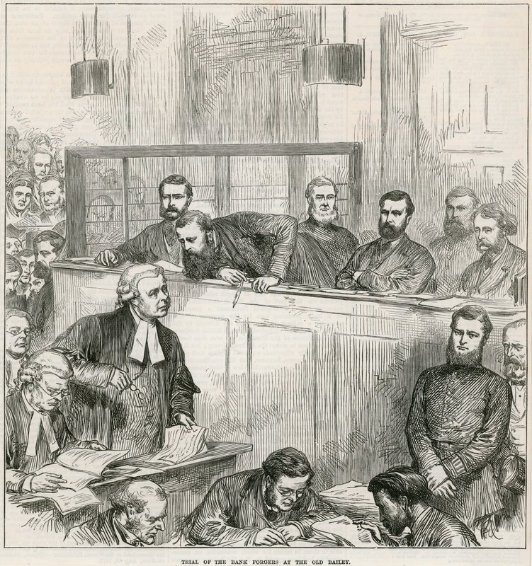 A bankhamisítók tárgyalása az Old Bailey-ben alkotó: English School