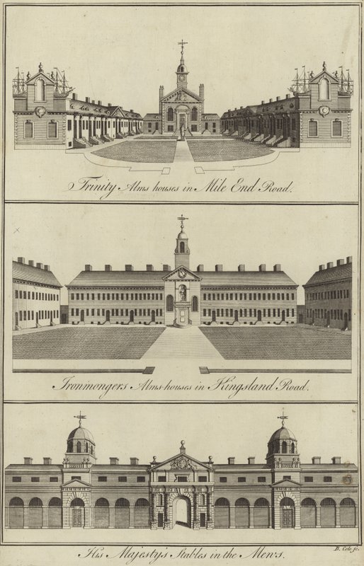 A Trinity Almshouses a Mile End Roadon, az Ironmongers Almshouses a Kingsland Roadon és a His Majestys Stables a Mews-ben, London alkotó: English School