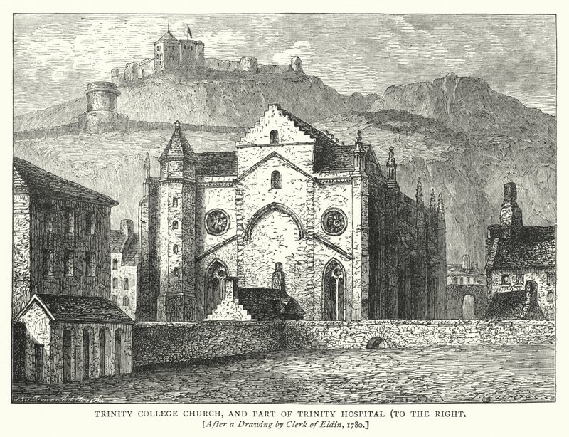 A Trinity College templom és a Trinity Hospital egy része, jobbra (metszet) alkotó: English School