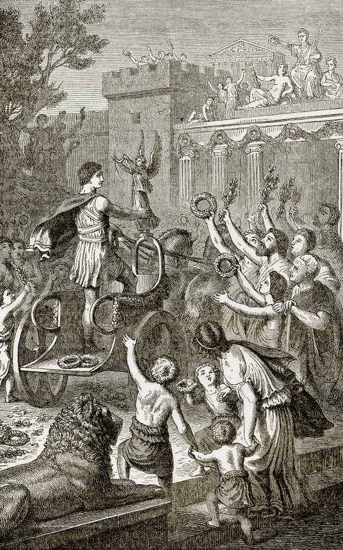 Egy olimpiai győztes diadalmas visszatérése, illusztráció a Ward Lock által kiadott The Illustrated History of the Worldből, 1880 körül alkotó: English School