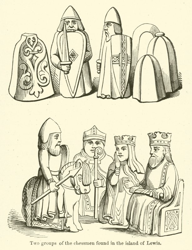 Lewis szigetén találtak két sakkozócsoportot (metszet) alkotó: English School
