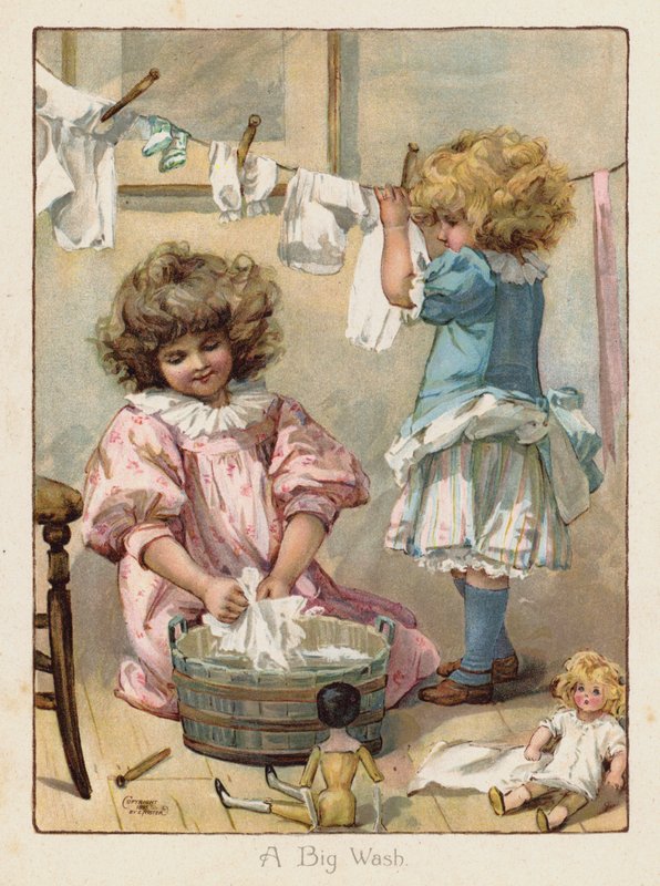 Két kislány, akik babaruhájukat mossák (chromolitho) alkotó: English School