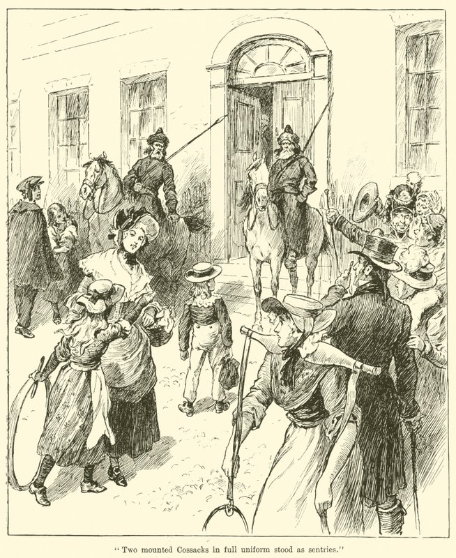 "Két lovas kozák teljes egyenruhában állt őrszemként" (metszet) alkotó: English School