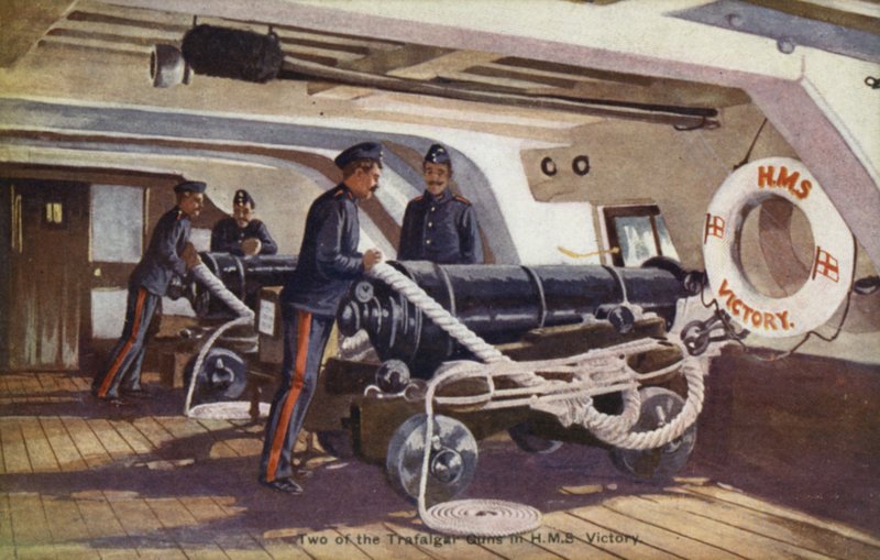 Két Trafalgar fegyver a HMS Victoryban (színes litho) alkotó: English School