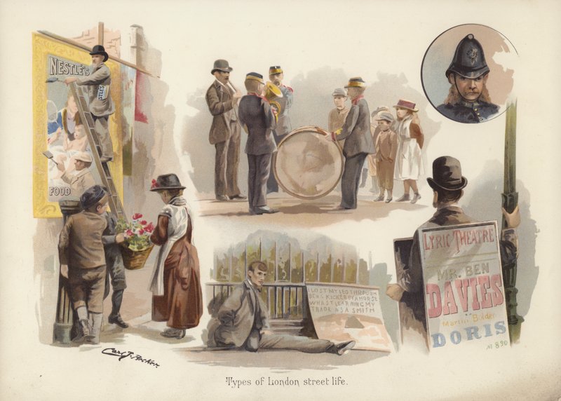 A londoni utcai élet típusai: postás, virágárus, zenészek, koldus, szendvicsárus, rendőr (chromolitho) alkotó: English School