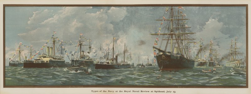 A haditengerészet típusai a Spithead-i királyi haditengerészeti szemlén, július 23. (kromolito) alkotó: English School