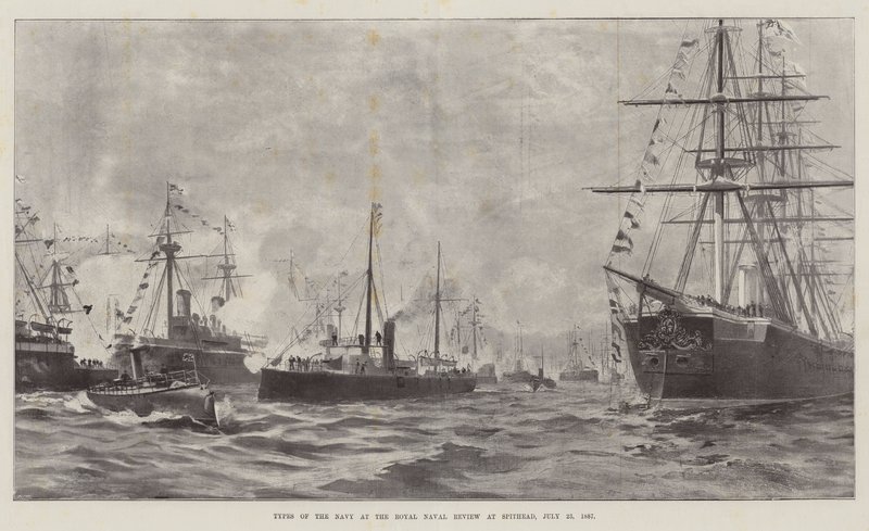 A haditengerészet típusai a Spitheadi Királyi Haditengerészeti Szemlén, 1887. július 23. (litho) alkotó: English School