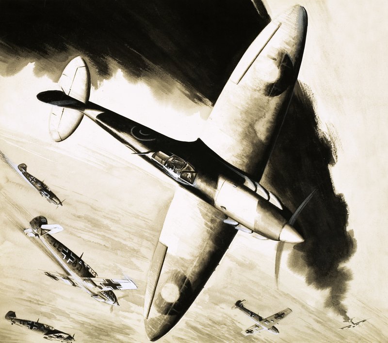 Azonosítatlan Spitfire kutyaharcban német vadászgépekkel alkotó: English School
