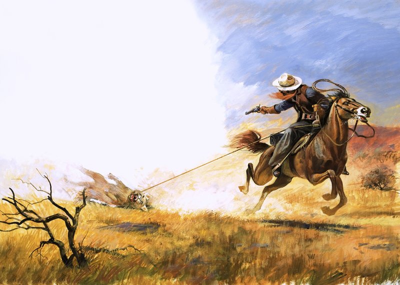 Azonosítatlan cowboy rálő egy lasszós hegyi oroszlánra alkotó: English School