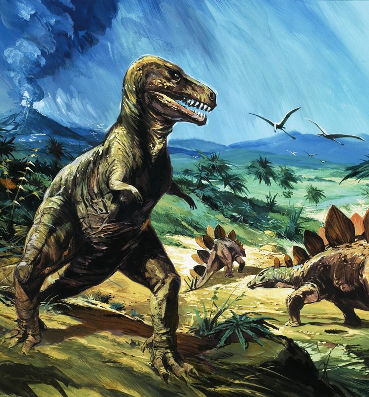 Azonosítatlan dinoszaurusz jelenet T-Rexszel és Stegosaurusszal alkotó: English School