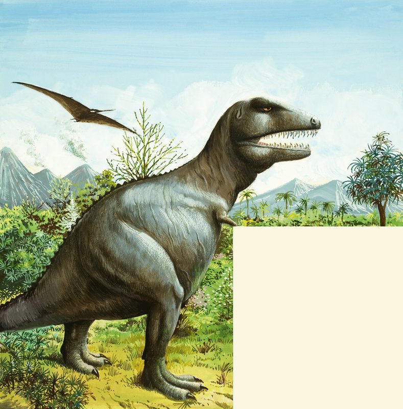 Azonosítatlan dinoszaurusz jelenet T Rexszel és Pterodactyl-lel alkotó: English School