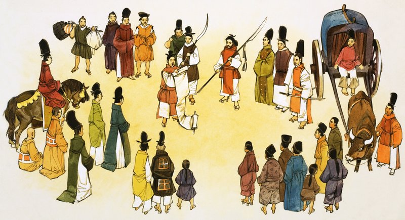 Azonosítatlan jelenet, amint a japán városi síró bejelentést tesz a tömegnek alkotó: English School