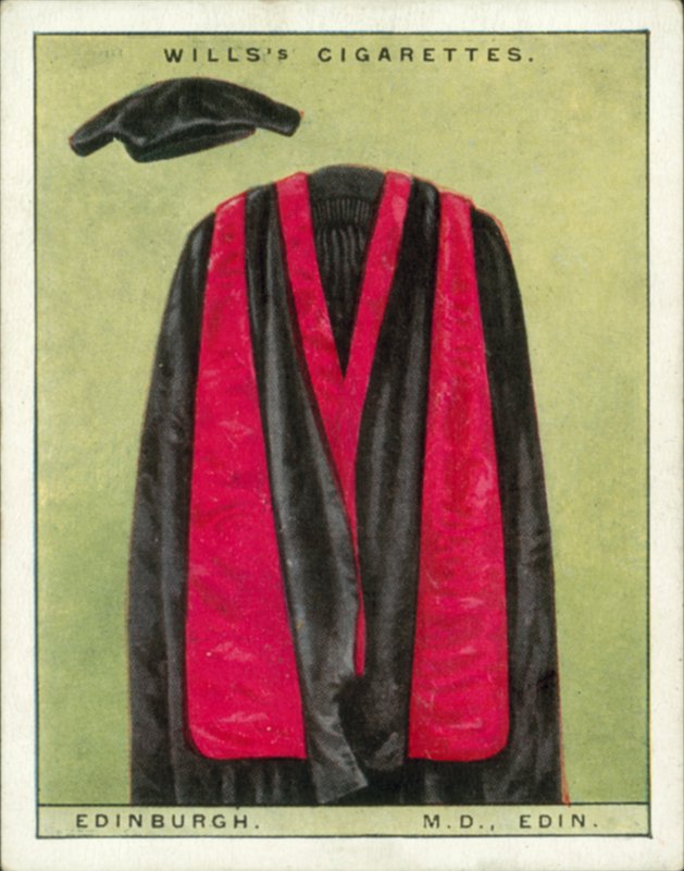 Egyetemi csuklyák és köpenyek: Edinburgh University, Doctor of Medicine, MD, Edin (színes litográfia). alkotó: English School
