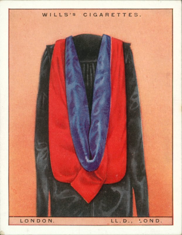 Egyetemi csuklyák és köpenyek: London University, Doctor of Laws, LLd, Lond (színes litográfia). alkotó: English School