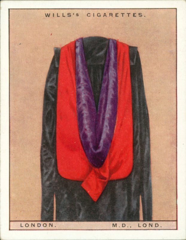 Egyetemi csuklyák és köpenyek: London University, Doctor of Medicine, MD, Lond (színes litho) alkotó: English School