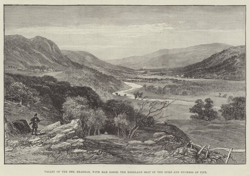 Dee völgye, Braemar, Mar Lodge-dal, Fife hercegének és hercegnőjének felvidéki székhelyével (metszet) alkotó: English School