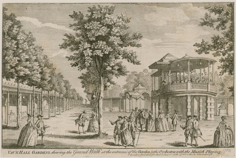Vauxhall Gardens, London, bemutatja a Grand Walk sétát a kert bejáratánál és a Zenekart, zenével alkotó: English School