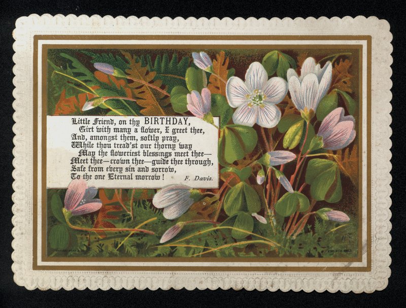 F Davis vers és virágok, születésnapi üdvözlőlap (chromolitho) alkotó: English School