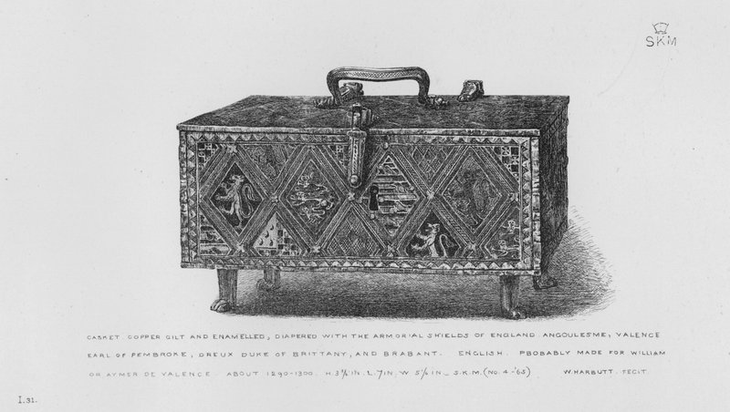 Victoria and Albert Museum: Koporsó, rézzel aranyozott és zománcozott, az angliai fegyverpajzsokkal, Angoulesme, Valence, Pembroke grófja, Dreux Bretagne hercege és Brabant angol pelenkázásával, valószínűleg William vagy Aymer de Valence számára készült, 1 alkotó: English School