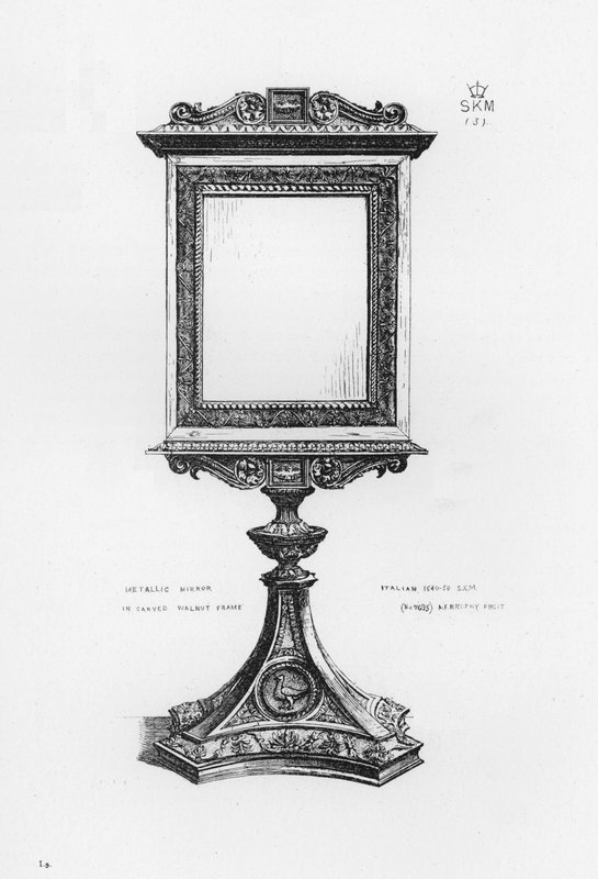 Victoria and Albert Museum: fémes tükör faragott diófa keretben, olasz alkotó: English School
