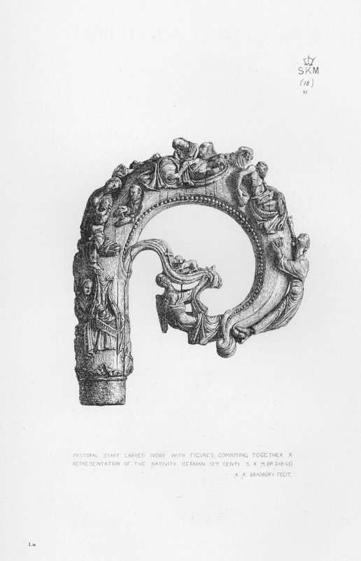 Victoria and Albert Museum: Pastoral Staff, faragott elefántcsontból, figurákkal, együtt komponálja a születés ábrázolását, német alkotó: English School
