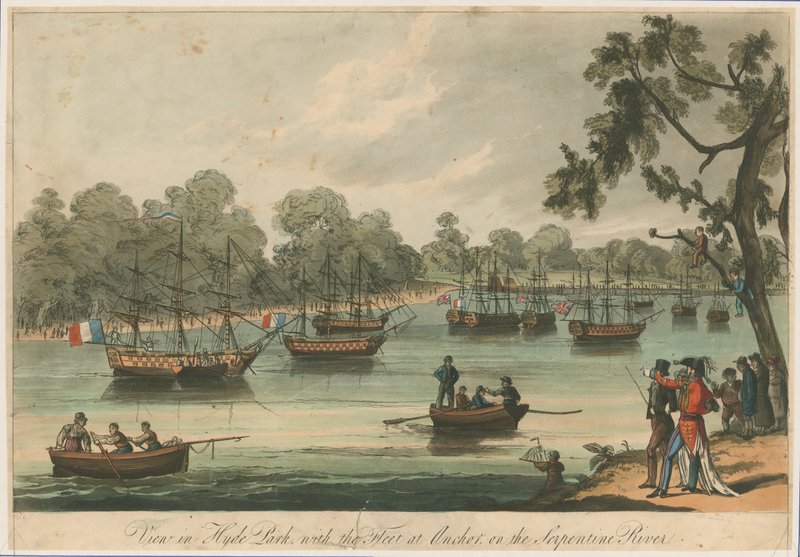 Kilátás a Hyde Parkban a flottával a Serpentine folyón horgonyzónál. Naumachia. 1814-es béke alkotó: English School