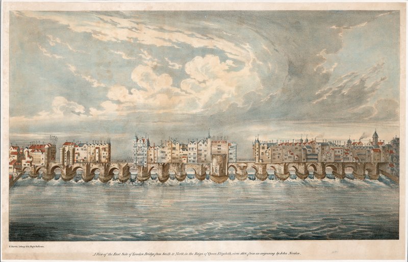 Kilátás az Old London Bridge keleti oldalára, I. Erzsébet királynő uralkodása idején alkotó: English School