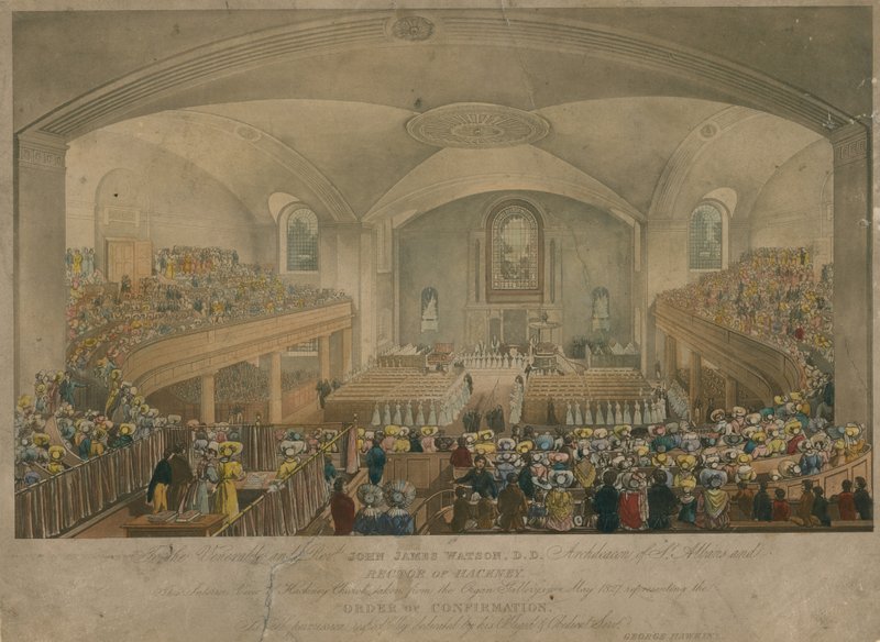A Hackney-templom képe az orgonagalériából 1827 májusában alkotó: English School