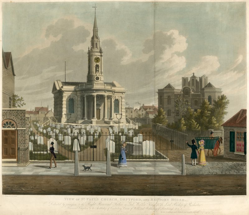 Kilátás a St Pauls-templomra, Deptfordban, Londonban és a Rectory House-ra alkotó: English School
