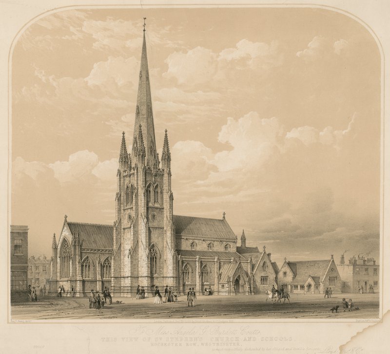 Kilátás a St Stephens templomra és iskolákra, Rochester Row, Westminster alkotó: English School