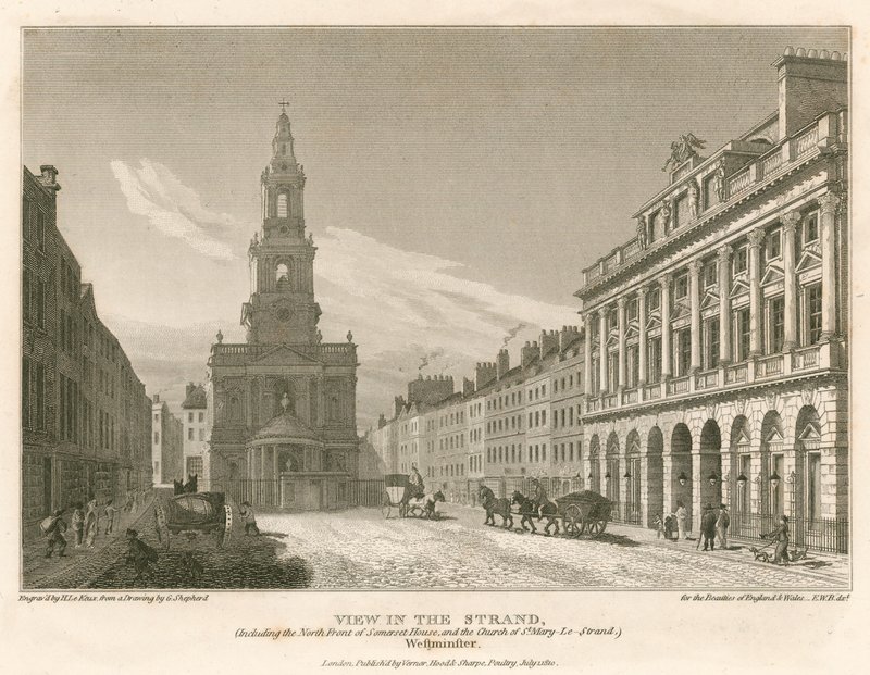 Kilátás a The Strandre, beleértve a Somerset House északi frontját és a St Mary-Le-Strand templomot, Westminster, London alkotó: English School