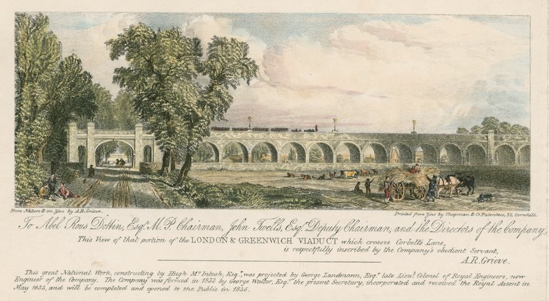 Kilátás a londoni és a greenwichi viadukt egy részére, ahol keresztezi a londoni Corbetts Lane-t alkotó: English School