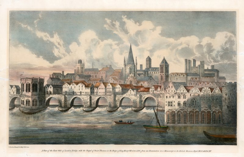 Kilátás az Old London Bridge keleti oldalára a BM Royal MSS-ről alkotó: English School