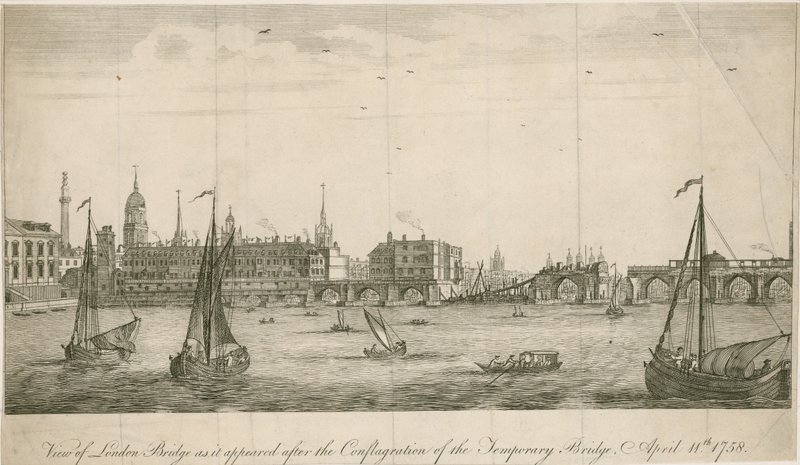 Kilátás a régi London Bridge-re, ahogy az 1758-as tűzvész után megjelent alkotó: English School