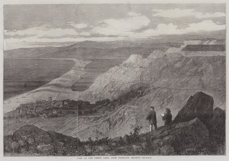 Kilátás a Chesil Bankra, a Portland Heights felől (metszet) alkotó: English School