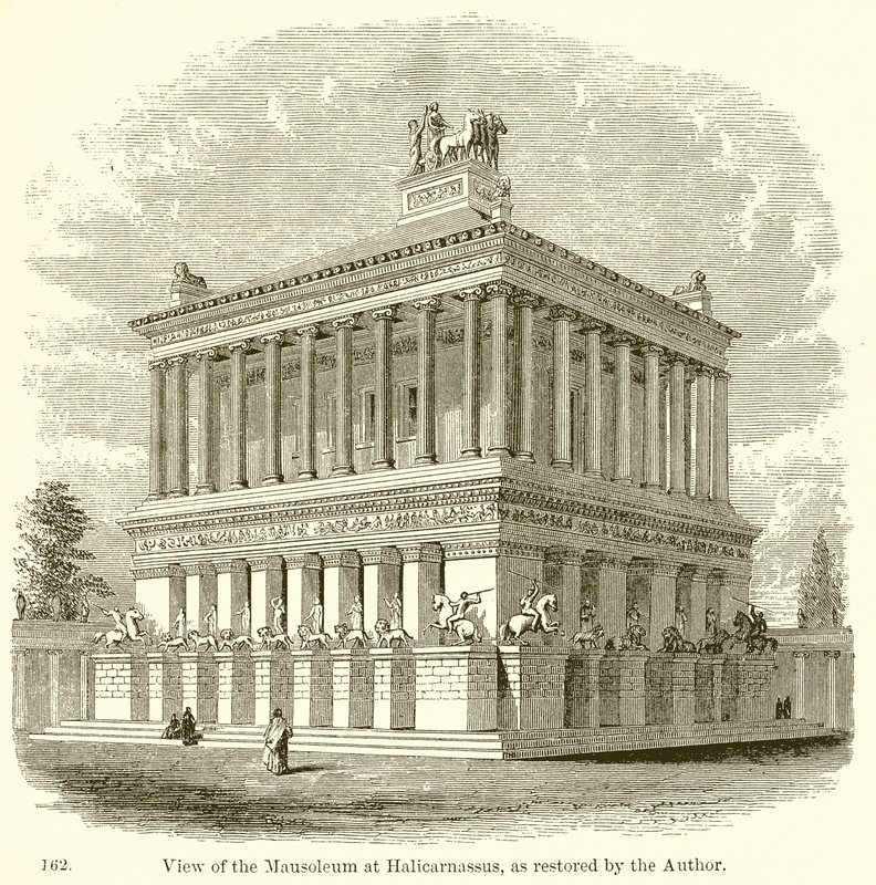 A Halikarnassus-i mauzóleum képe, a szerző által restaurált formában alkotó: English School