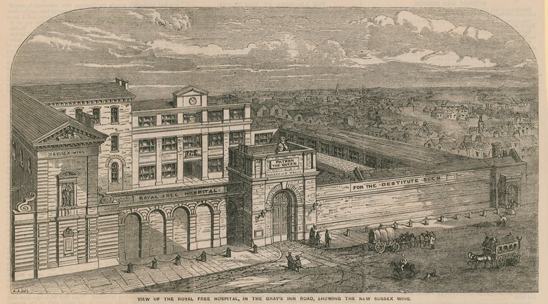 Kilátás a Royal Free Kórházra a Grays Inn Roadon, bemutatva az új Sussex Winget alkotó: English School