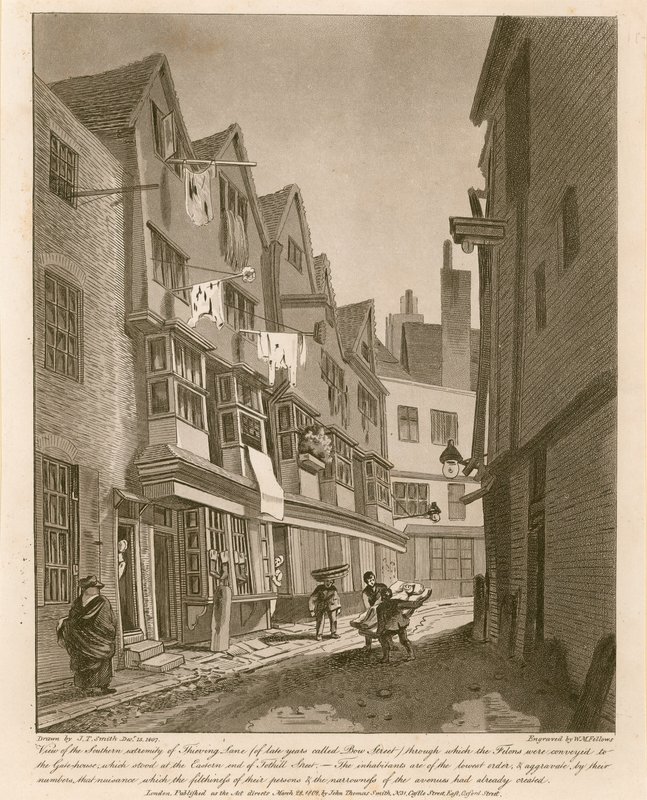 Kilátás a Thieving Lane déli végére (a késői években Bow Street néven) alkotó: English School