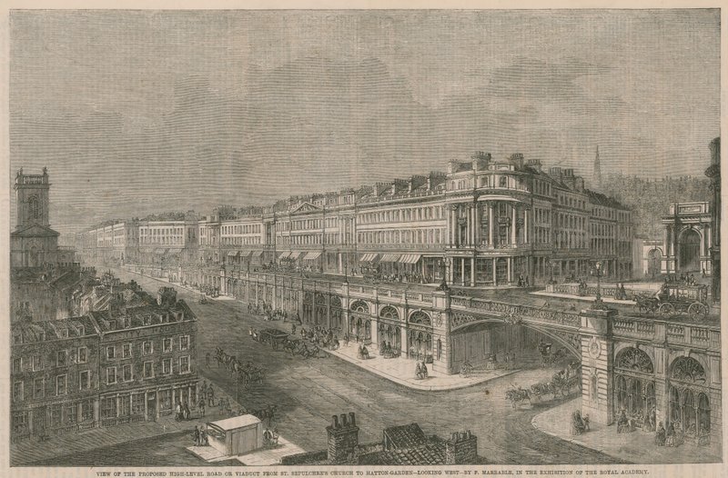 Kilátás a javasolt magas szintű útra vagy viaduktra a St Sepulchres templomtól a Hatton Gardensig alkotó: English School
