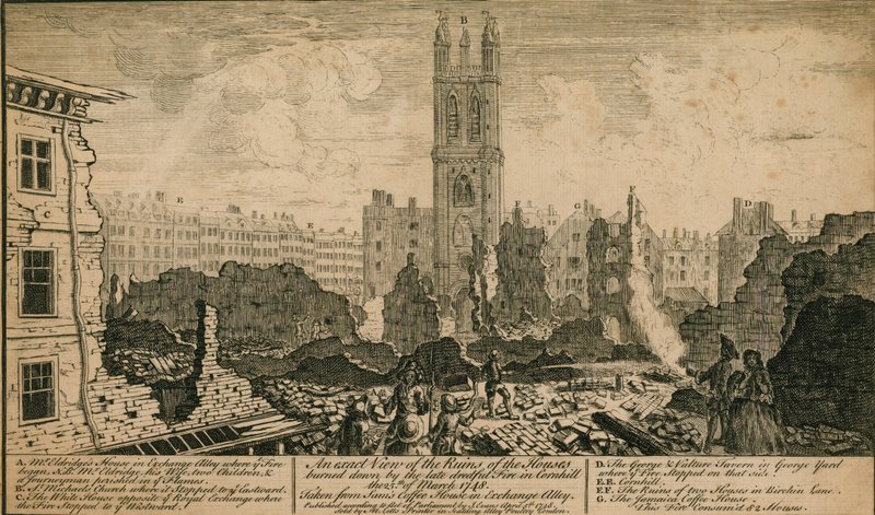 Kilátás a tűzben leégett házak romjaira a londoni Cornhillben, 1748. március 25-én alkotó: English School