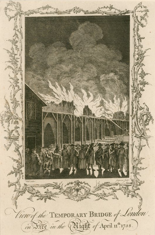 Kilátás az 1758. április 11-én éjszaka lángokban álló londoni ideiglenes hídra alkotó: English School