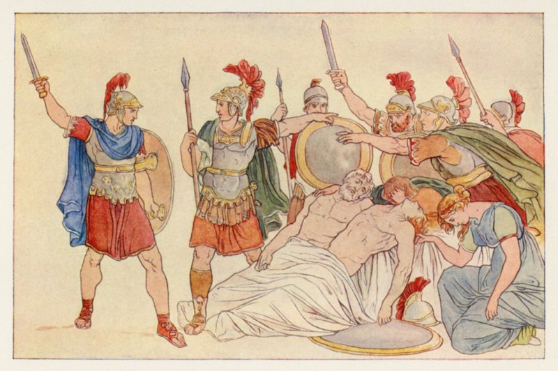 Vergilius Aeneis: Fordulás Almo és Galaesus teste fölött (színes litó) alkotó: English School