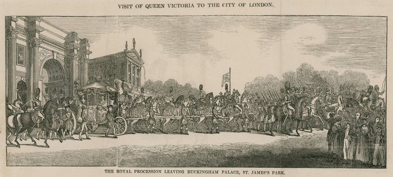 Viktória királynő látogatása a londoni Cityben, elhagyva a Buckingham-palotát alkotó: English School