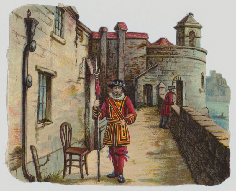 Látogatás a Tower of Londonban, viktoriánus törmelék (színes litho) alkotó: English School