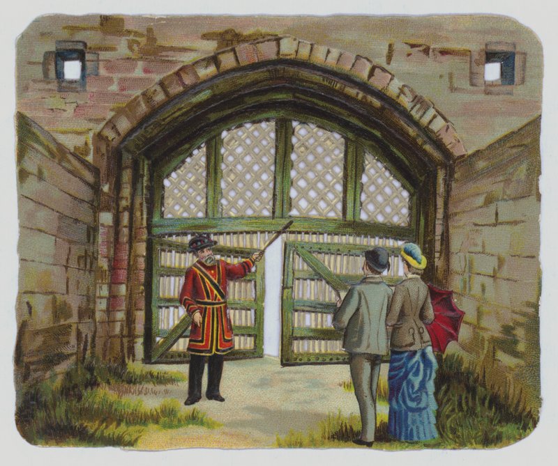 Látogatás a Tower of Londonban, viktoriánus törmelék (színes litho) alkotó: English School