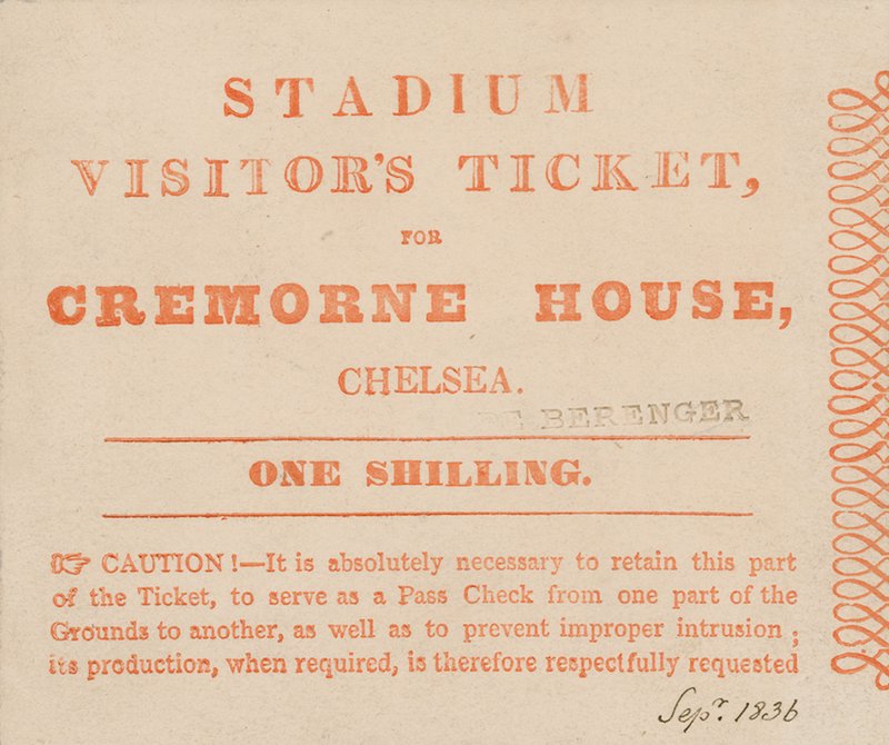 Látogatói jegy a londoni Cremorne House Stadionba, 1836. szeptember alkotó: English School